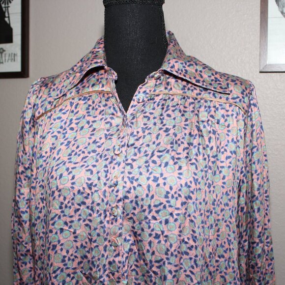 Omika Womens NWOT Printed Blouse Pink Blue Cuff Tassels Boho Peasant Size Large - Picture 2 of 9